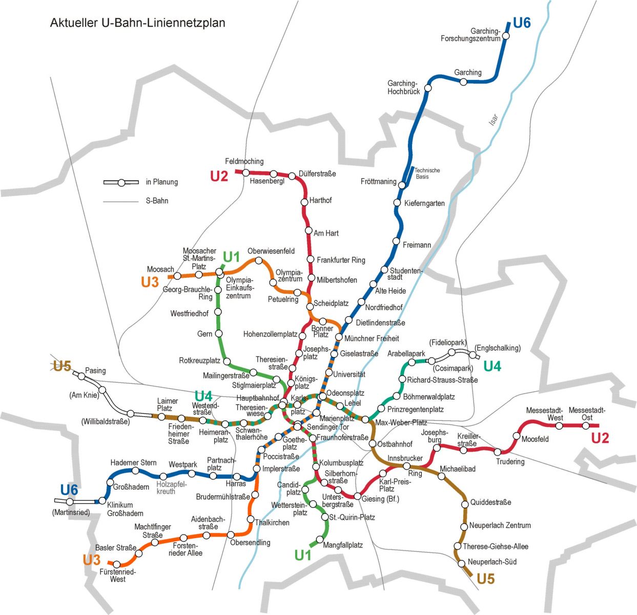 Urban transit map in German. Shows 6 transit lines, U1–U6, radiating out from the city center.